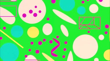 funky düz vektör pop sanat çizgi filmi geometrik 2D şekiller soyut retro arkaplan, parlak yeşil taban, pembe mavi sarı daireler ovalar dikdörtgen çizgiler zikzak çizgiler, dağınık oyuncu Memphis kaosu, canlı yüksek enerji karşıtlığı