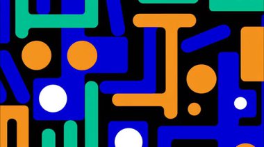 Siyah zemin üzerinde soyut geometrik desen, mavi ve turuncu yuvarlak bloklar, beyaz daireler, kalın düz çizimler, dinamik oyuncu kompozisyona sahip yüksek kontrast modern soyut doku