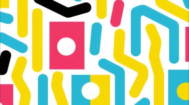 Beyaz zemin üzerinde soyut Memphis deseni, sarı ve mavi eğri çizgiler, dikdörtgen şekiller, oyuncu düz çizimler, ritmik geometrik kompozisyon ve temiz grafik tarzı ile parlak modern soyut doku