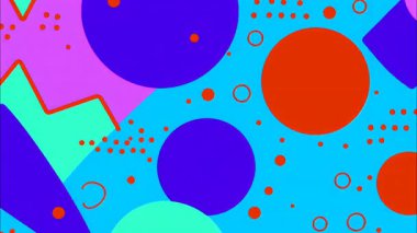 Mavi arkaplanda soyut renkli desen, büyük mor ve turuncu daireler, noktalı dokular, katmanlı düz şekiller, neşeli modern çizimler, cesur geometrik kompozisyona sahip canlı dekoratif soyut doku