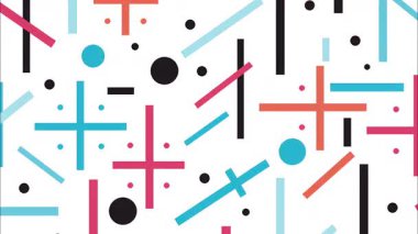 Beyaz zemin üzerinde soyut geometrik desen, renkli çapraz semboller, köşegen çizgiler ve noktalar, oyuncu düz çizimler, dengeli ritmik kompozisyonu ve minimal grafik tarzı olan temiz modern soyut doku