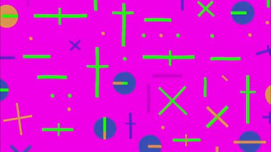 Sıcak pembe arkaplanda soyut Memphis deseni, neon yeşil ve mavi haç sembolleri, dağınık noktalar ve daireler, neşeli düz çizimler, ritmik geometrik kompozisyonu olan canlı modern soyut doku ve koyu renk kontrast