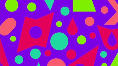 canlı Memphis pop sanat çizgi filmi geometrik 2D şekiller funky düz vektör retro arkaplan, mor taban, yeşil cyan kırmızı turuncu daireler ovalar üçgenler, dağınık kaotik formlar, yüksek enerji soyutlaması