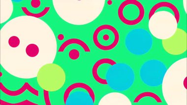 eğlenceli retro pop sanat karikatürü geometrik 2D şekiller funky düz vektör soyut zemin, nane yeşili taban, pembe cyan beyaz daireler kavisli desen, Memphis ilham verici üst üste binen, yumuşak oyuncu kontrast