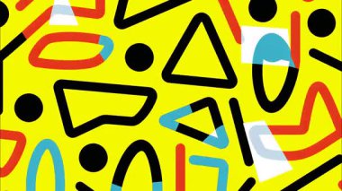 funky düz vektör pop sanat karikatürü geometrik 2D şekiller soyut retro arkaplan, parlak sarı taban, siyah mavi çizgiler düzensiz şekiller düzensiz daireler üçgenler, kaotik Memphis dağılımı, canlı yüksek kontrast enerji
