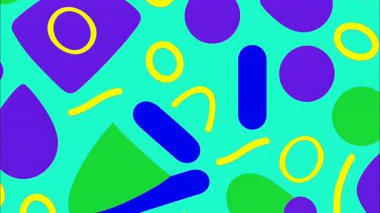 eğlenceli retro pop sanat karikatürü geometrik 2D şekiller funky düz vektör soyut arka plan, turkuaz taban, mor sarı mavi daireler ovalar dikdörtgen çizgiler çizgiler çizgi, memphis tarzı canlı üst üste binen formlar