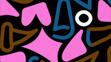 Siyah arkaplanda soyut organik desen, pembe yuvarlak şekiller, kahverengi ve mavi eğimli çizgiler, kalın düz çizimler, neşeli akışkan kompozisyonu olan anlamlı modern soyut dokusu