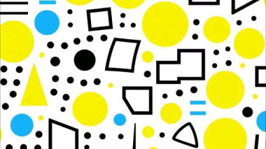 Beyaz zemin üzerinde soyut Memphis deseni, sarı daireler, siyah noktalı elementler, çizilmiş geometrik şekiller, oynak düz çizimler, ritmik dengeli kompozisyonu olan parlak modern soyut doku.
