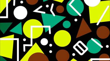 Siyah zemin üzerinde soyut geometrik desen, sarı ve yeşil daireler, beyaz doğrusal çerçeveler, üçgen şekiller, kalın düz çizimler, oyuncu dinamik bileşime sahip yüksek kontrast modern soyut doku