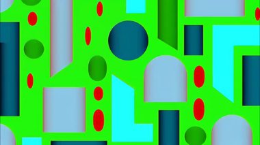 Parlak yeşil zemin üzerindeki soyut geometrik desen, cyan ve mavi yuvarlak bloklar, kırmızı oval noktalar, yumuşak eğimli şekiller, düz modern illüstrasyon, neşeli modüler kompozisyona sahip canlı soyut dokusu ve düz grafik düzeni