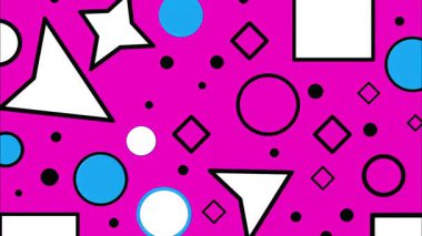 Sıcak pembe arkaplanda soyut Memphis deseni, beyaz üçgenler ve yıldızlar, mavi daireler, siyah noktalı aksanlar, oyuncu düz çizimler, enerjik geometrik kompozisyonu olan modern soyut doku.