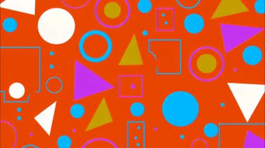 Turuncu arkaplanda soyut renkli desen, mavi ve beyaz daireler, sarı ve mor üçgenler, ana hatlı dikdörtgenler, oyuncu düz çizimler, dinamik geometrik kompozisyona sahip canlı pop sanat soyut dokusu