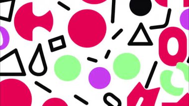 Beyaz zemin üzerinde soyut Memphis deseni, kırmızı daireler, yeşil ve mor noktalar, siyah doğrusal işaretler, üçgenler ve yuvarlak şekiller, şakacı düz çizimler, dengeli geometrik kompozisyona sahip modern soyut dokusu