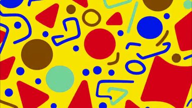 Sarı zemin üzerinde soyut Memphis deseni, kırmızı daireler ve üçgenler, mavi eğri çizgiler, neşeli düz çizimler, ritmik geometrik kompozisyonu ve koyu renk kontrast ile canlı modern soyut doku