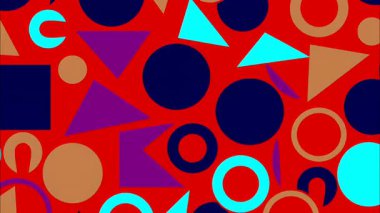 Kırmızı zemin üzerinde soyut geometrik desen, koyu donanma daireleri, turkuaz ve bej şekiller, katmanlı düz çizimler, güçlü renk kontrastı ve dinamik bileşimi olan koyu modern soyut doku