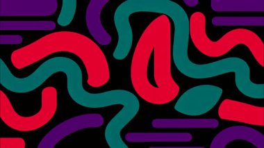 soyut funky düz vektör pop sanat geometrik 2D şekiller çizgi film retro arkaplan, siyah taban, kırmızı deniz mavisi mor kıvrımlı organik şekiller çubuklar, dalgalı Memphis tarzı kaotik yüksek kontrast, canlı kalın enerji