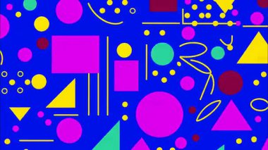 canlı Memphis pop sanat karikatürü geometrik 2D şekiller funky düz vektör retro arkaplan, koyu mavi taban, sarı pembe mor daireler yarı daireler üçgen kareler, katmanlı oyuncu üstüste bindirme formları
