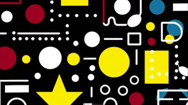 Soyut geometrik desen, siyah arkaplan, sarı beyaz daireler ve şekiller, çizgiler ve semboller, düz vektör çizimi, modern Memphis tarzı tasarım, kalın kontrast kompozisyonu, temiz grafik elementli dekoratif soyut doku