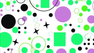 Soyut geometrik desen, beyaz arkaplan, siyah yeşil ve mor daireler, yıldızlar ve noktalar, düz vektör illüstrasyonu, oyuncu modern tasarım, minimal Memphis tarzı kompozisyon, temiz kontrast ve basit şekilli dekoratif soyut doku