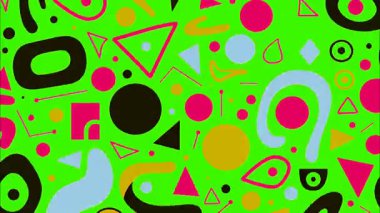Soyut geometrik desen, neon yeşil arkaplan, renkli semboller ve şekiller, daireler üçgen damlalar, oyuncu Memphis tarzı, kalın kontrast renkleri, düz vektör çizimi, modern dekoratif arkaplan, dinamik soyut kompozisyon