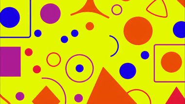 Soyut geometrik desen, parlak sarı arkaplan, renkli daireler ve üçgenler, ana hatlar, oyuncu çizgiler, düz vektör çizimi, Memphis tarzı düzen, kalın birincil renkler, modern grafik tasarımı, dekoratif soyut doku