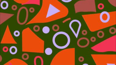 Soyut geometrik desen, turuncu organik şekiller, zeytin yeşili arkaplan, yuvarlak damlalar, daireler, halkalar, gözyaşı damlası formları, düz vektör biçimi, oyuncu Memphis kompozisyonu, koyu renk kontrastı, retro grafik tasarım, tekrarlayan dekoratif şekiller