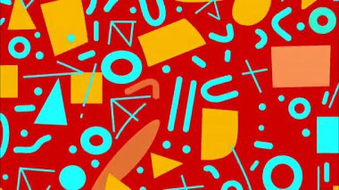 Kırmızı zemin üzerinde soyut Memphis deseni, turkuaz semboller ve noktalar, sarı dikdörtgenler, oyuncu düz çizimler, enerjik geometrik kompozisyonu ve güçlü renk karşıtlığı olan modern soyut doku