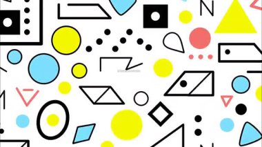 Beyaz zemin üzerinde soyut geometrik desen, sarı daireler ve noktalar, siyah doğrusal elementler, ana hatlar, oyuncu düz çizimler, dengeli ritmik kompozisyon ve minimal grafik stili temiz modern soyut doku