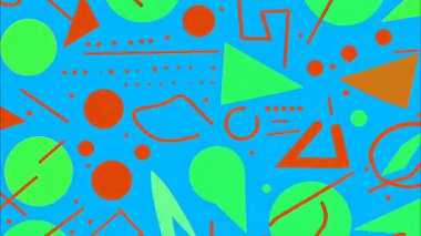 Mavi zemin üzerinde soyut Memphis deseni, yeşil üçgenler, turuncu daireler ve noktalar, açısal çizgiler ve eğriler, neşeli düz çizimler, enerjik geometrik bileşimi olan canlı modern soyut doku ve kalın renk karşıtlığı