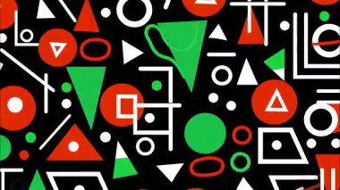 funky düz vektör pop sanat karikatürü geometrik 2D şekiller soyut retro arkaplan, siyah taban, turuncu yeşil beyaz daireler üçgenler kareler çizgiler kaotik Memphis dağılımı, canlı yüksek karşıtlık enerjisi