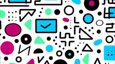 oyuncu çizgi film pop sanatları geometrik 2D şekiller funky düz vektör retro soyut arka plan, beyaz taban, cyan pembe mavi şekiller çember çizgiler üçgen çizgiler, işaretler, Memphis kaotik titreşim karışımı