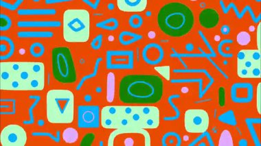 Soyut simge deseni, mavi yeşil beyaz şekilli parlak turuncu arkaplan, düz 2D karikatür vektör stili, oyuncu pop sanat geometrisi, minimal retro tasarım, renkli tekrarlayan arkaplan