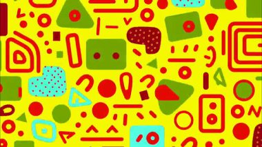 Soyut retro sembol deseni, kırmızı yeşil mavi şekilli sarı arkaplan, düz 2D karikatür vektör stili, oyuncu pop sanat geometrisi, minimal soyut kompozisyon, renkli arkaplan tekrarlaması