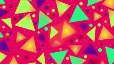 Parlak pembe arkaplanda renkli üçgen desen, yeşil sarı mor şekiller, düz 2D çizgi film tarzı, soyut pop sanat geometrisi, oyuncu retro vektör deseni, enerjik tekrarlayan arka plan