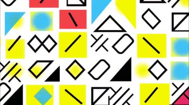 Beyaz arkaplanda minimum geometrik desen, siyah sarı kırmızı şekiller, düz 2D karikatür vektör stili, soyut retro pop sanat tasarımı, temiz modern geometri, minimal arkaplan tekrarı