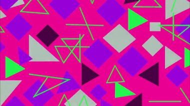 Parlak geometrik üçgen desen, yeşil mor siyah şekilli canlı pembe arkaplan, düz 2D karikatür tarzı, retro pop sanat geometrisi, soyut vektör deseni, oyuncu minimal tasarım, renkli tekrarlayan arka plan
