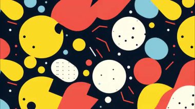 Modern soyut karikatür arkaplanı, renkli lekeler noktalar desen, düz pop sanat çizimi, oyuncu grafik kompozisyonu, hatalı animasyon dokusu