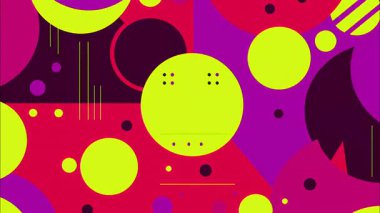 Soyut pop sanat arka planı, kalın renk blokları daireler, grafik düz çizgi film stili, oyuncu geometrik tasarım, hatalı doku animasyonu