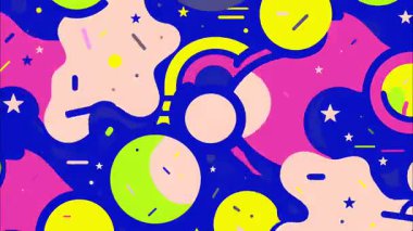 Oyuncu soyut karikatür arka plan, yıldızlar ay daireleri, parlak pop sanat renkleri, düz çizgi roman tarzı illüstrasyon, garip kompozisyon, hatalı animasyon dokusu