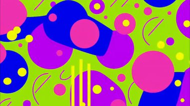 Parlak soyut çizgi film deseni, renkli daireler çizgiler, pop sanat tarzı, oyuncu düz çizimler, canlı grafik arkaplan, hatalı doku animasyonu
