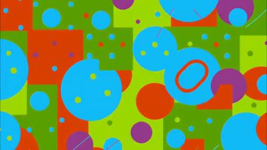Soyut pop sanat arka planı, renkli daireler damlaları, yeşil mavi turuncu palet, düz çizgi film tarzı, şakacı geometrik kompozisyon, hatalı animasyon dokusu