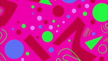 Renkli soyut karikatür arka planı, geometrik oklar daireler noktalar, parlak kırmızı yeşil palet, düz pop sanat tarzı, oyuncu çizgi film animasyonu, hatalı grafik örtüsü