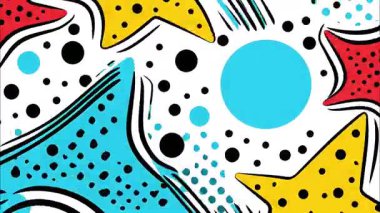 Siyah beyaz sanat arka planı, çizgi film yıldızları, kalın noktalar desen, düz grafik şekiller, soyut illüstrasyon tarzı, oyuncu kontrast kompozisyonu, hatalı doku animasyonu