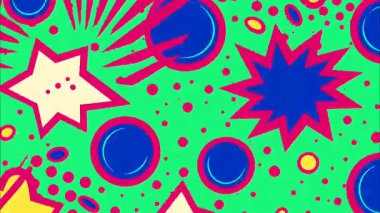 Pop Art soyut arkaplan, çizgi film deseni, renkli yıldız şekilleri, dairesel noktalar, parlak yeşil mavi palet, düz vektör tarzı, oyuncu kompozisyon, hatalı grafik doku, retro pop sanat animasyonu