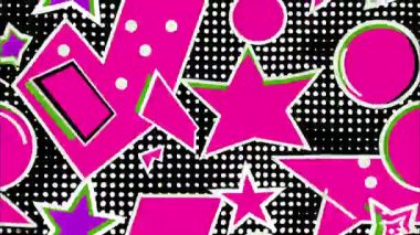 renkli Memphis pop sanat çizgi filmi geometrik 2D şekiller funky düz vektör retro arkaplan, siyah taban, pembe turuncu beyaz yıldız çizgileri üçgenler, kaotik cesur dağılım, canlı kontrast
