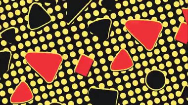 Kalın Memphis stili pop sanat karikatürü geometrik 2D şekiller funky düz vektör arka plan, siyah taban, sarı noktalar kırmızı turuncu üçgen daireler kareler, katmanlı geometrik örtüler, canlı kontrast patlaması