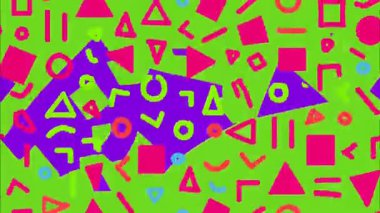 karikatür retro funky pop sanat geometrik 2D düz vektör soyut arkaplan, limon yeşil taban, pembe mavi şekiller üçgenler üçgenler çizgiler kesişiyor, dağınık yüksek enerji Memphis titreşimi