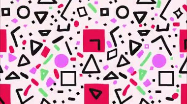 funky düz vektör pop sanat karikatürü geometrik 2D şekiller soyut retro arkaplan, açık pembe taban, kırmızı siyah çizgiler üçgenler kareler çizgiler çizgi, dağınık kaotik Memphis tarzı, enerjik kontrast enerji