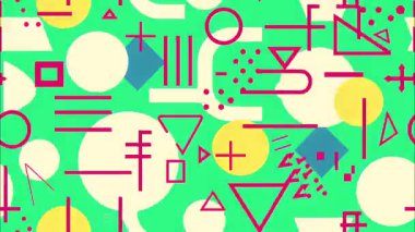 soyut Memphis pop sanat çizgi filmi geometrik 2D şekiller funky düz vektör retro arkaplan, nane yeşil taban, pembe mor leke çizgileri artı işaretler üçgenler, katmanlı oyuncu kaos, kalın canlı estetik