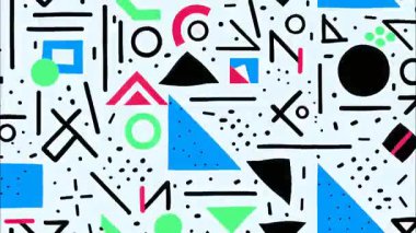 Funk düz vektör pop sanat karikatürü geometrik 2D şekiller soyut retro arkaplan, mavi yeşil çizgili beyaz taban, üçgenler kareler çizgi, kaotik Memphis tarzı dağılım, canlı yüksek karşıtlık enerjisi